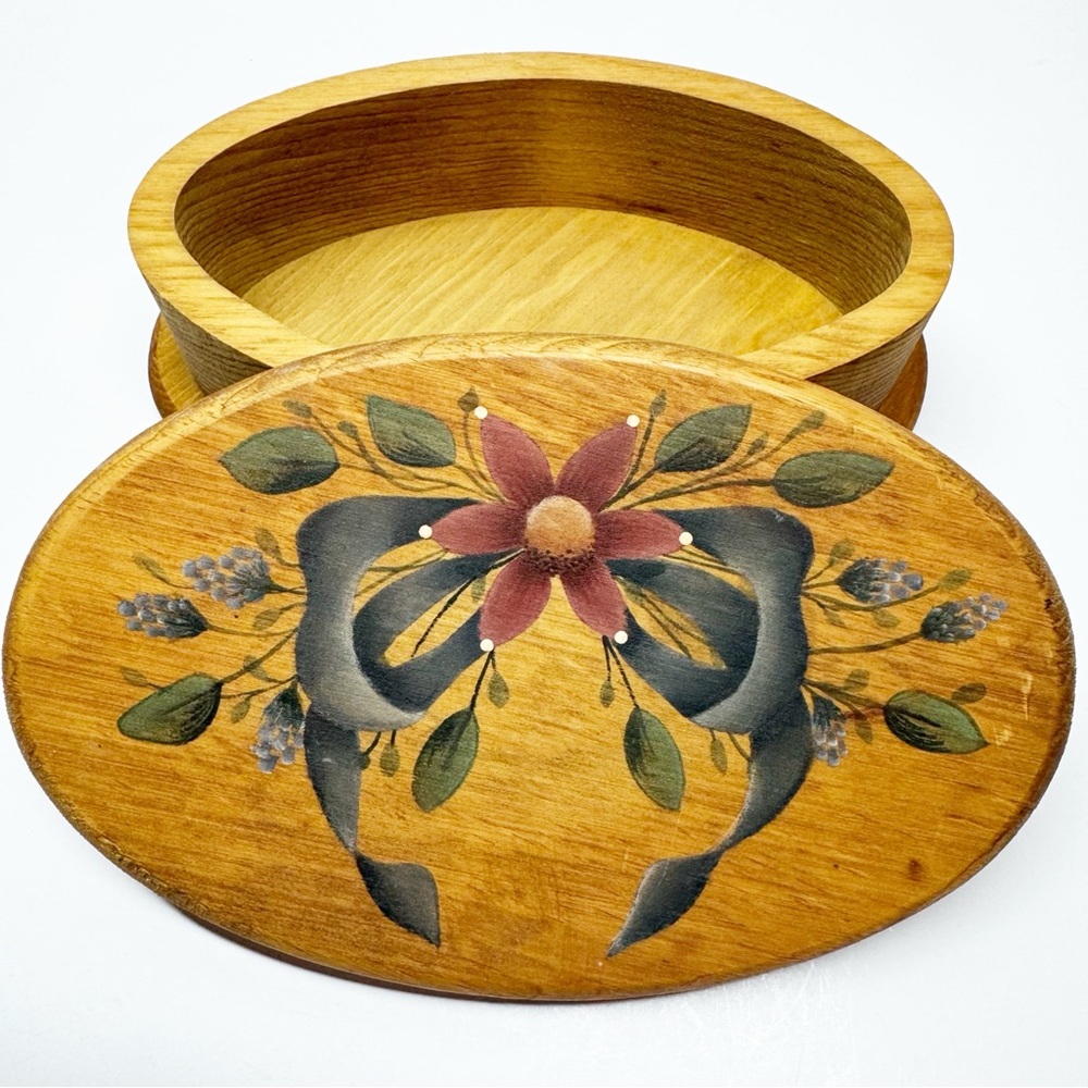 Vintage Hand Painted Floral Bow Oval Wood Trinket Box